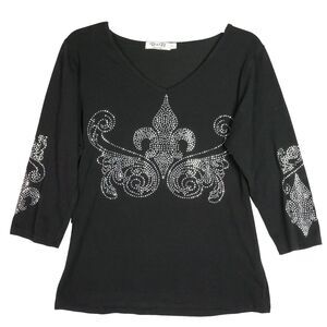 R&B Collection Womens Size M Rhinestone Embellished  Black V Neck Shirt Top